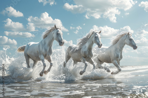 white horses running on the beach  with water splashing around them