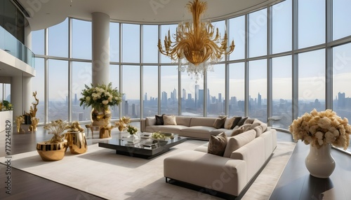 An ultra-modern penthouse with floor-to-ceiling windows offering panoramic views of the skyline. The living area is furnished with high-end designer pieces and illuminated by a cascading golden chande photo