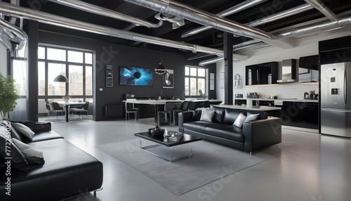 A futuristic loft apartment with an open-plan layout and exposed ductwork, furnished with sleek black leather sofas and chrome accents. The kitchen boasts cutting-edge appliances and a minimalist dini photo