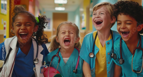 diverse children dressed as doctors, playing in the hospital hallway, laughing and smiling at the camera