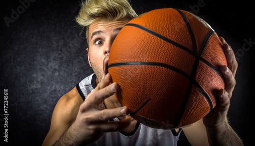 Basketball Enthusiast: Man Holding Basketball with Mouth Agape