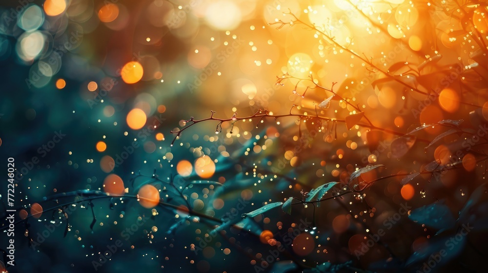Dew on Branches with Golden Bokeh Background - A serene photo of delicate dew drops on tree branches set against a warm, golden bokeh light effect - obrazy, fototapety, plakaty 
