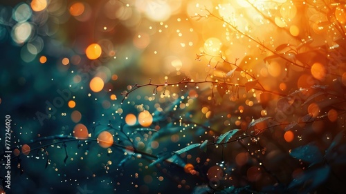 Dew on Branches with Golden Bokeh Background - A serene photo of delicate dew drops on tree branches set against a warm, golden bokeh light effect