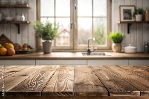 A cozy wooden table mockup in a kitchen, ready for creative use