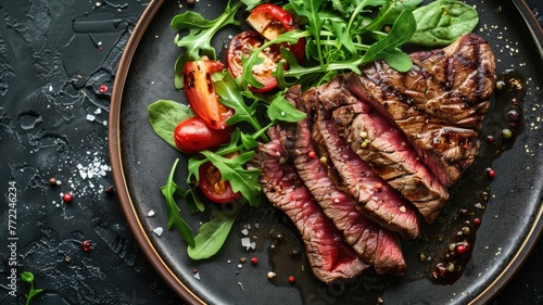 Juicy beefsteak with fresh salad on side - Perfectly grilled beefsteak with a side of arugula and tomato salad, seasoned with spices photo