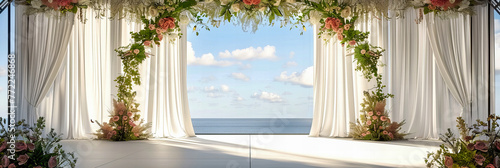 Tropical Beach Wedding Ceremony: Romantic Arch Decorated with Flowers Overlooking the Sea