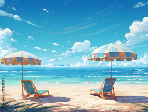 Illustration of two chairs and umbrella at the beach at seaside, daylight with blue sky 