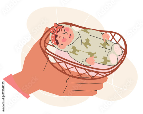 Newborn baby sleeps in a cradle, supported by hand, flat cartoon vector illustration isolated on white background. Peaceful night sleep of baby, children care and support of childhood concept.