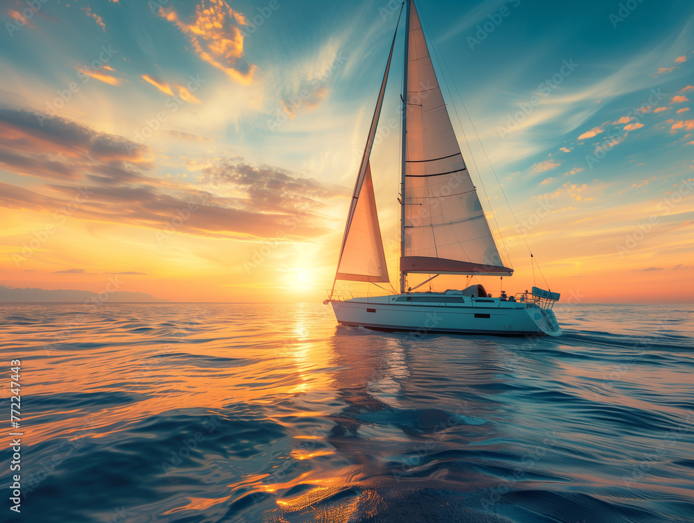 The sun sets majestically over the horizon as a sailing yacht cruises in tranquil sea, reflecting the golden sky.