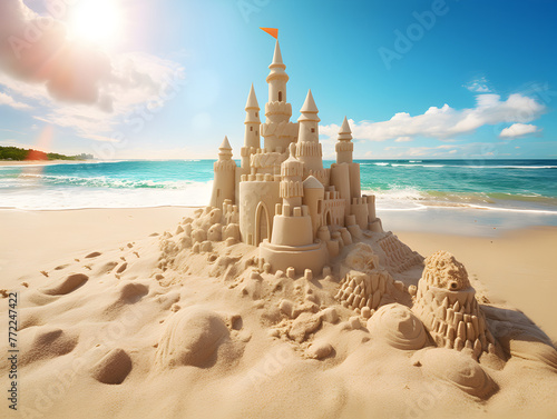 Illustration of a sand castle at beachside  ocean in background at daylight with blue sky 