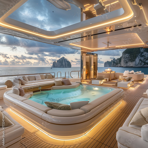The deck of a luxury yacht boasts a luminous pool and opulent lounging areas as the sun sets over the tranquil sea.