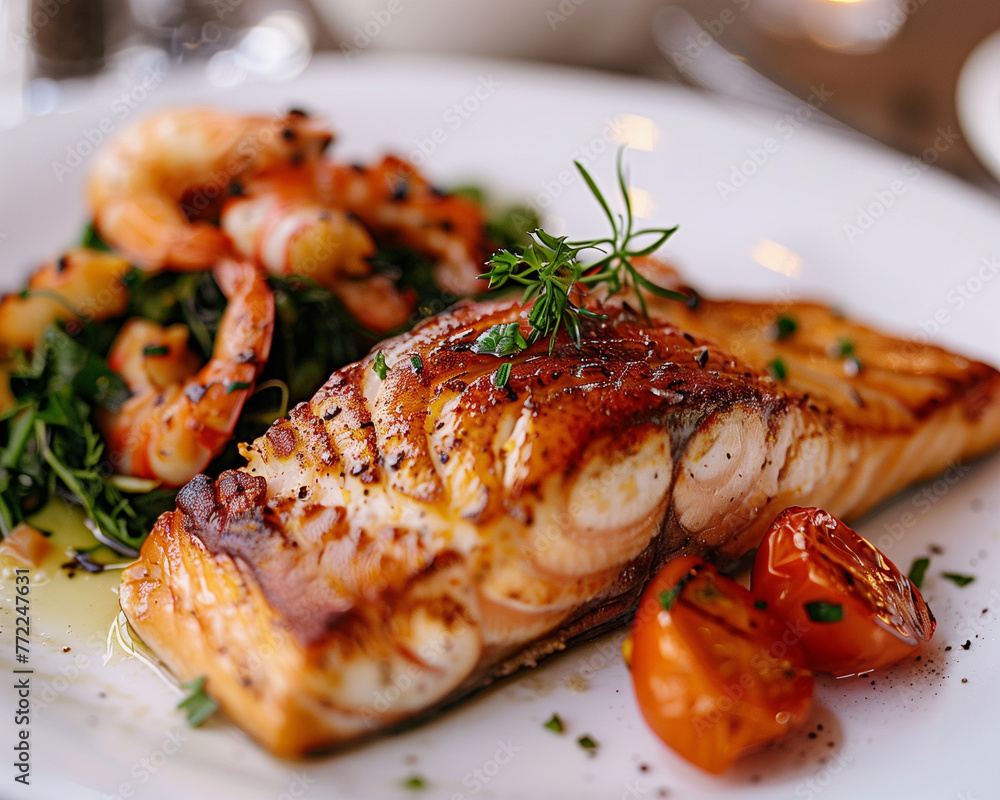 Delicious grilled salmon steak served with succulent shrimps and fresh vegetables on a white plate, a gourmet meal. Delicious grilled salmon steak served with succulent shrimps and fresh vegetables on a white plate, a gourmet meal.