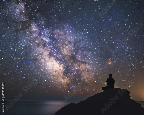 A person stands in silhouette against a mesmerizing starry sky with the Milky Way visible, contemplating the universe. © Benjawan