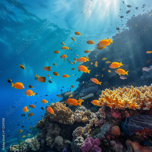 Vibrant underwater coral reef bustling with bright orange tropical fish beneath sunlit blue ocean waters. © Benjawan
