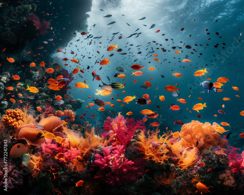 Vibrant underwater coral reef bustling with bright orange tropical fish beneath sunlit blue ocean waters.