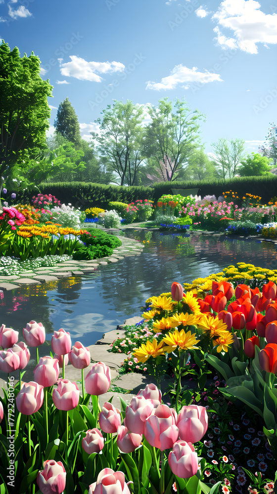 Colorful Springtime Garden: Digital Illustration of Blooming Flowers, Serene Pond, and Sunlit Scenery