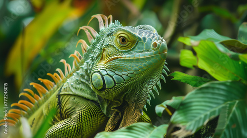 A vivid green iguana blends seamlessly into the lush foliage of its tropical habitat.