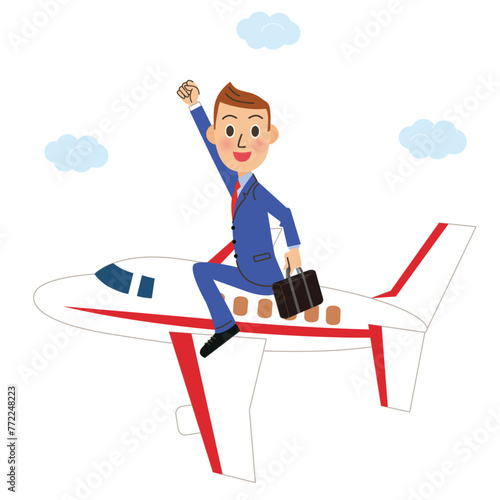 仕事で飛行機に乗って出張に出かける会社員