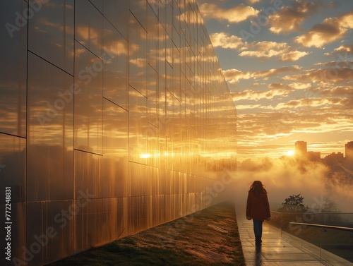 A woman walks down a path in the foggy evening. The sky is a beautiful orange color, and the woman is wearing a red coat