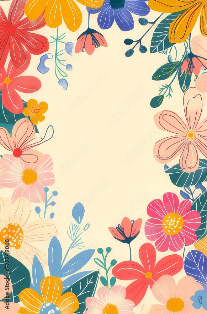 simple illustration with colorful flowers and leaves It has a large empty space in the middle for text. simple illustration with colorful flowers and leaves It has a large empty space in the middle for text.