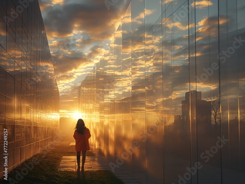 A woman walks through a long hallway with a sunset in the background. The hallway is made of glass and the sun is shining through it, creating a beautiful and serene atmosphere