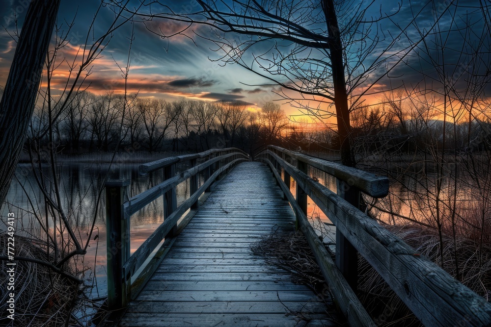 Wooden bridge leading to a sunset over water - A stunning view of a wooden bridge inviting one towards a vibrant sunset over a calm body of reflective water surrounded by nature's beauty