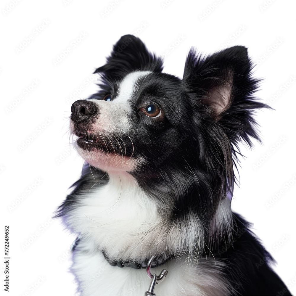 Black and white companion dog with collar gazes up 