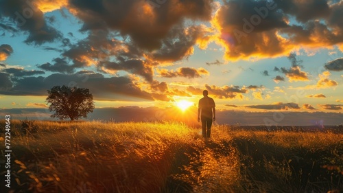 Silhouette of a Man Walking at Sunset - The silhouette of a man walking towards a sunset  with dramatic skies and a solitary tree in the background