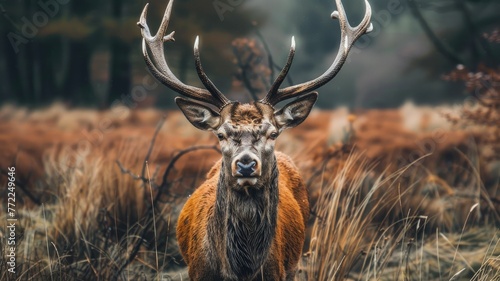 Stag with impressive antlers in autumn wood - A mighty stag with towering antlers stands proud in an autumnal forest clearing