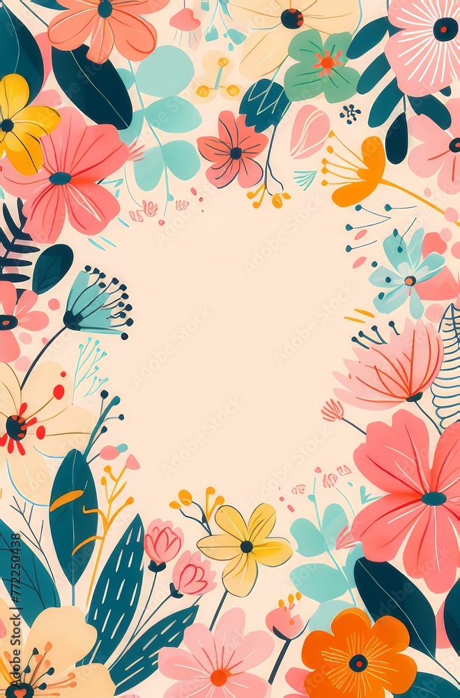simple illustration with colorful flowers and leaves It has a large empty space in the middle for text.