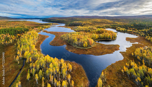 Drone capture of the Vistasjakka River, showcasing its meandering path, adjacent lakes, birch trees lining the banks, and colorful autumn scenery near Nikkaluokta in Norrbotten County, northern Sweden