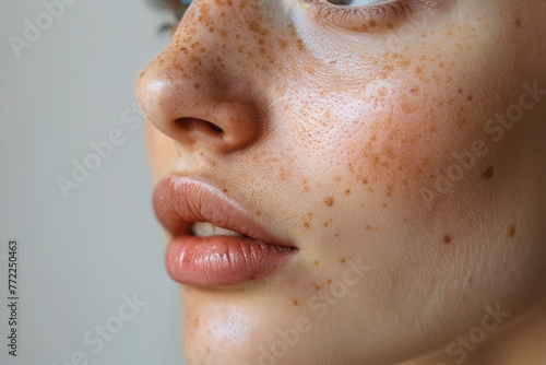 In-depth view of female skin hyperpigmentation over a pale backdrop distressing unavoidable issue and space, Generative AI.