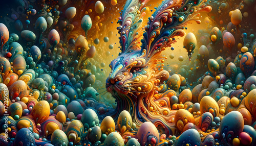An abstract masterpiece titled 'Happy Easter from another dimension.' The image feature intricate details and appear as though it's made with liquid oil paint © Tanicsean