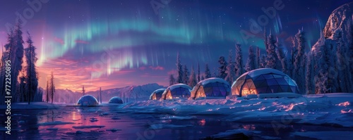 nightscape with glowing dome structures under the majestic dance of the Northern lights. photo