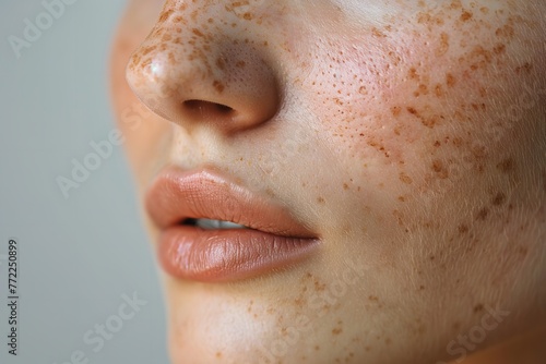 In-depth view of female skin hyperpigmentation over a pale backdrop distressing unavoidable issue and space, Generative AI. photo