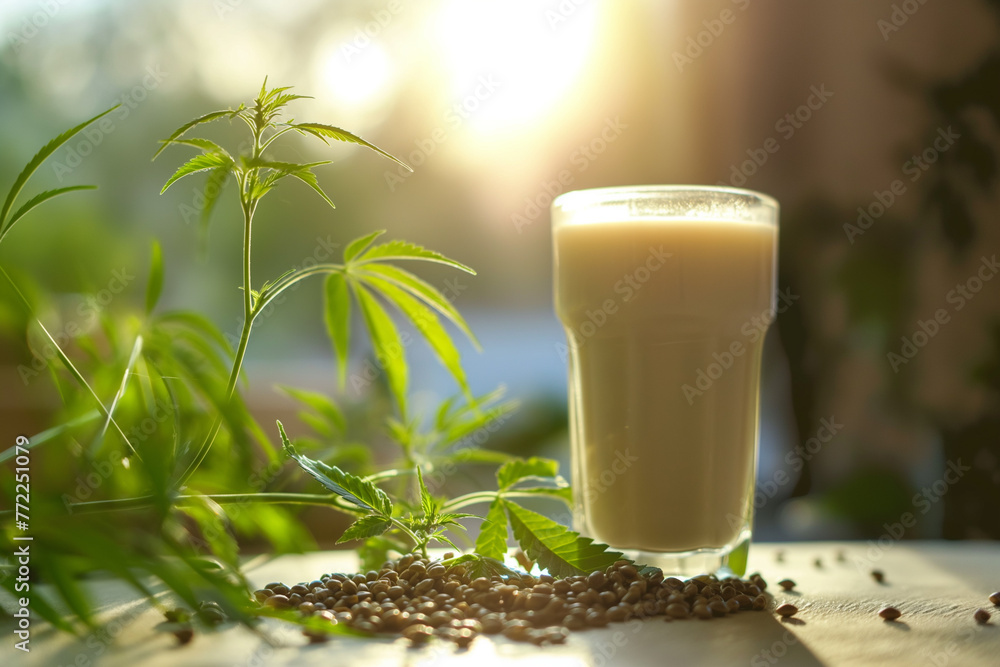 Hemp seeds and leaves, with a glass of vegan hemp milk in the background Hemp seeds and leaves, with a glass of vegan hemp milk in the background