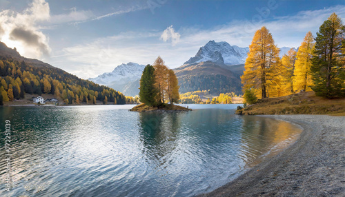 Morning ambiance at Lake Sils, with an island adorned by autumn larches, located in Engadin, Canton of Grisons, Switzerland, Europe photo