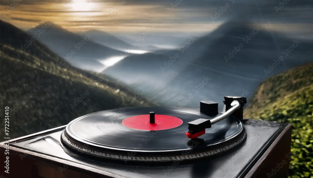 Turntable playing vinyl record, featuring high contrast and motion blur.