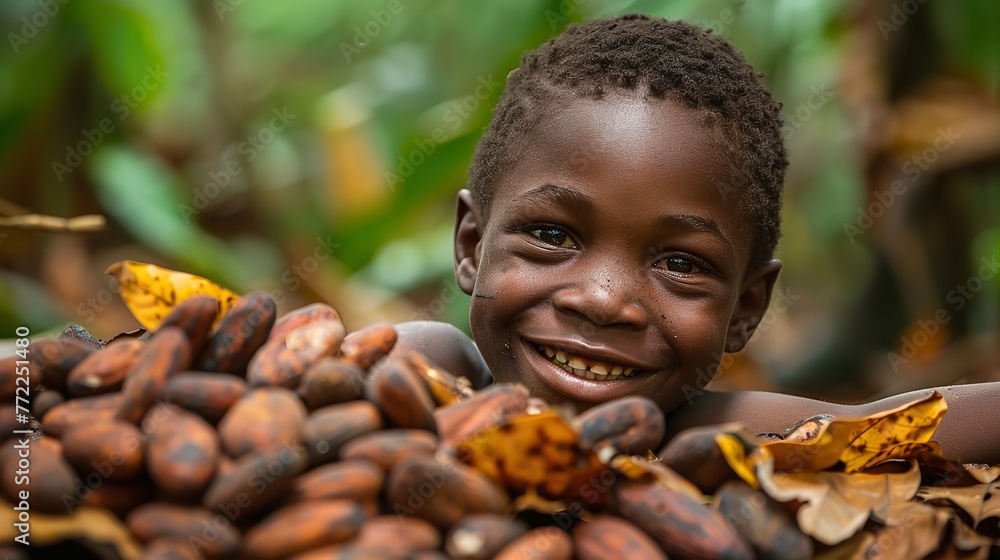 Joyful young African boy garnering cocoa beans from the densely forested area with withered foliages smiley face and space, Generative AI. - obrazy, fototapety, plakaty 