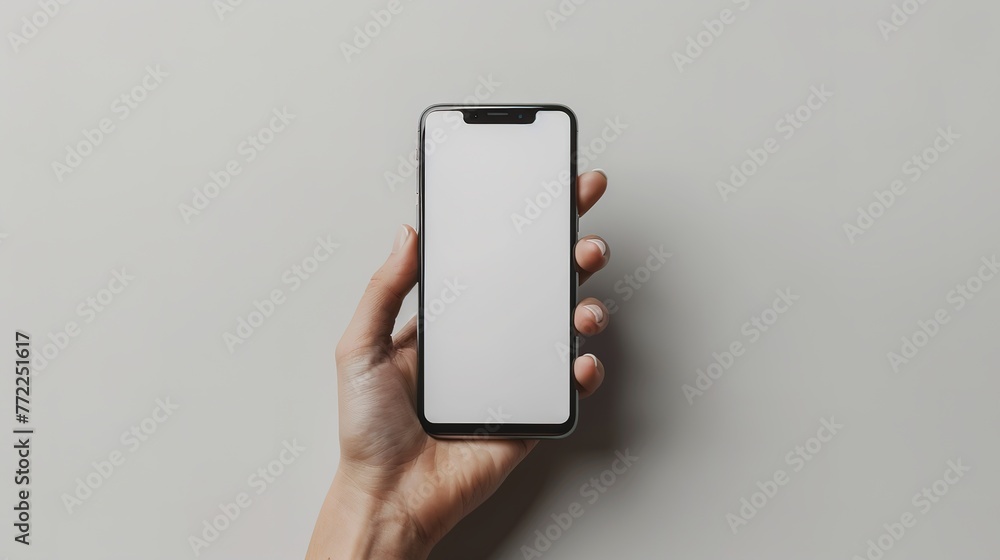 Close up of woman hand holding modern smart phone mockup. New modern black frameless smartphone mockup with blank white screen. Isolated on white background high quality studio shot Modern smart. Close up of woman hand holding modern smart phone mockup. New modern black frameless smartphone mockup with blank white screen. Isolated on white background high quality studio shot Modern smart.