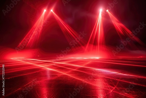 Dark background with lines and spotlights, neon light, night view. Abstract red background - generative ai