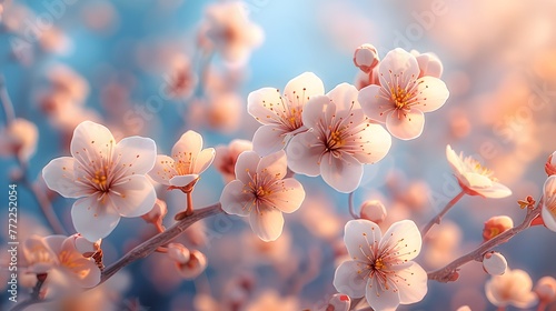 enchanting allure of a plum tree in full blossom  its branches festooned with clusters of delicate white flowers  against a backdrop of azure skies