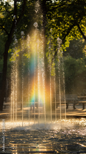 A fountain creates a rainbow in sunlight against a backdrop of trees  with water droplets frozen in a golden haze.