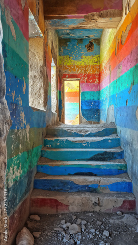 Colorfully painted stairwell in a dilapidated building with peeling paint and debris, creating a contrast of vibrance and decay.