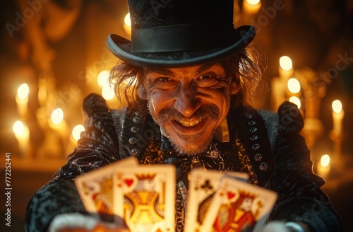 Magician Joker face with funny smile character in top hat smiling while holding up cards. Generative AI.