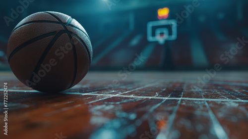 Close-up of a basketball on a shiny court with the hoop in the background, highlighting the texture of the ball and floor. © Ritthichai