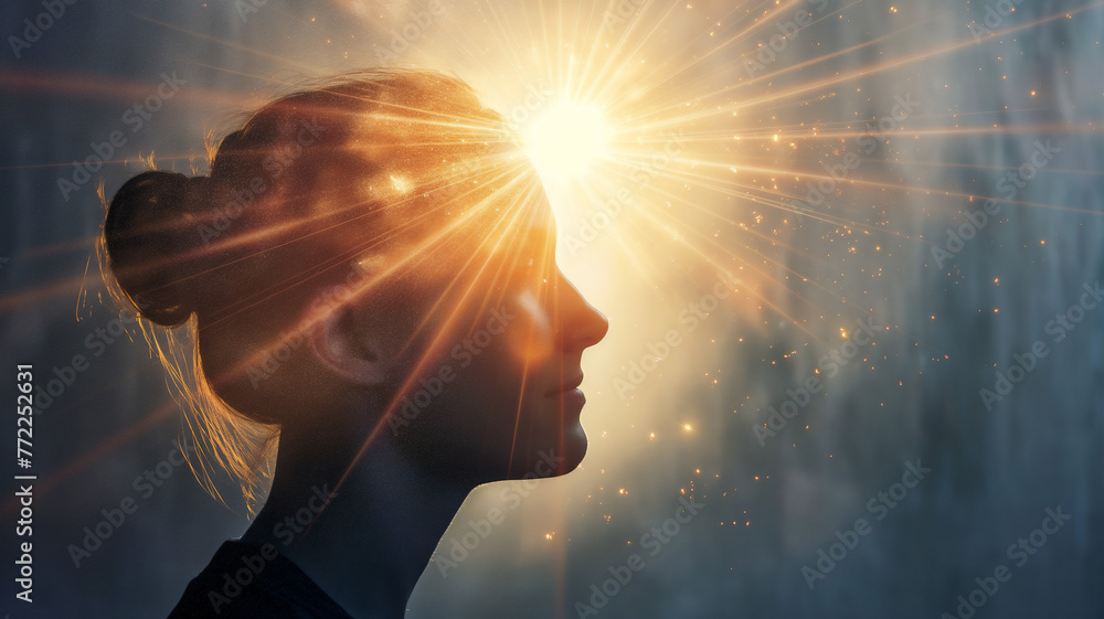 Silhouette of a woman with sunlight bursting from her head, inspiring.