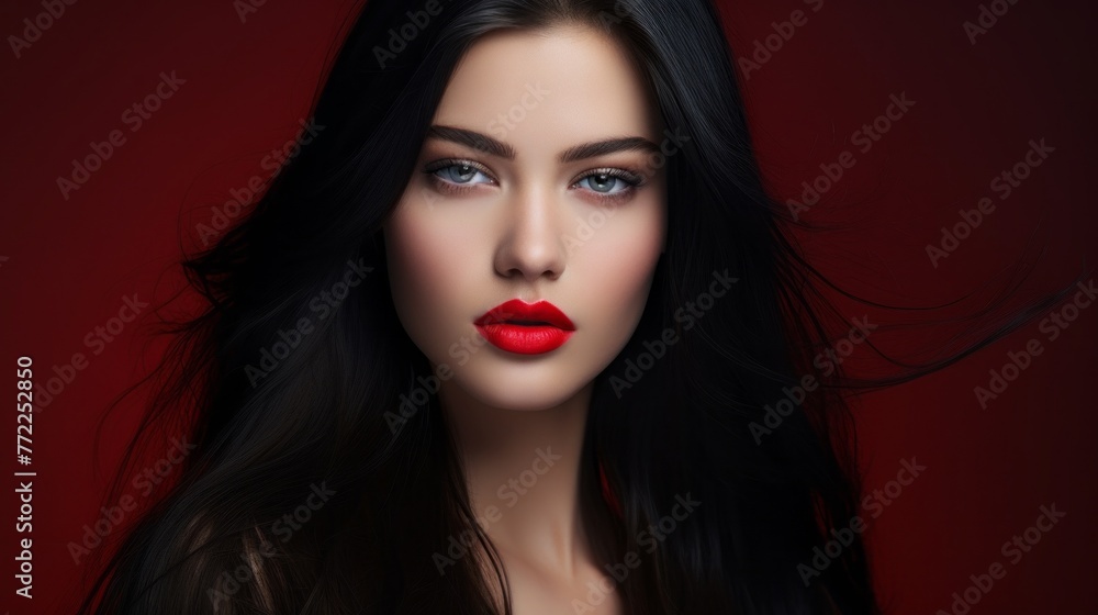 A woman with long black hair and red lipstick