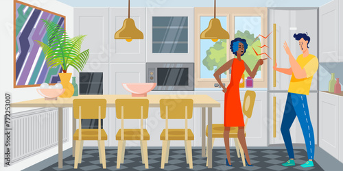 Arguing couple in kitchen. Man and woman shouting and blaming each other flat vector illustration. Toxic relationship, problem, breakup concept
