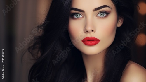 A woman with long black hair and green eyes is wearing red lipstick